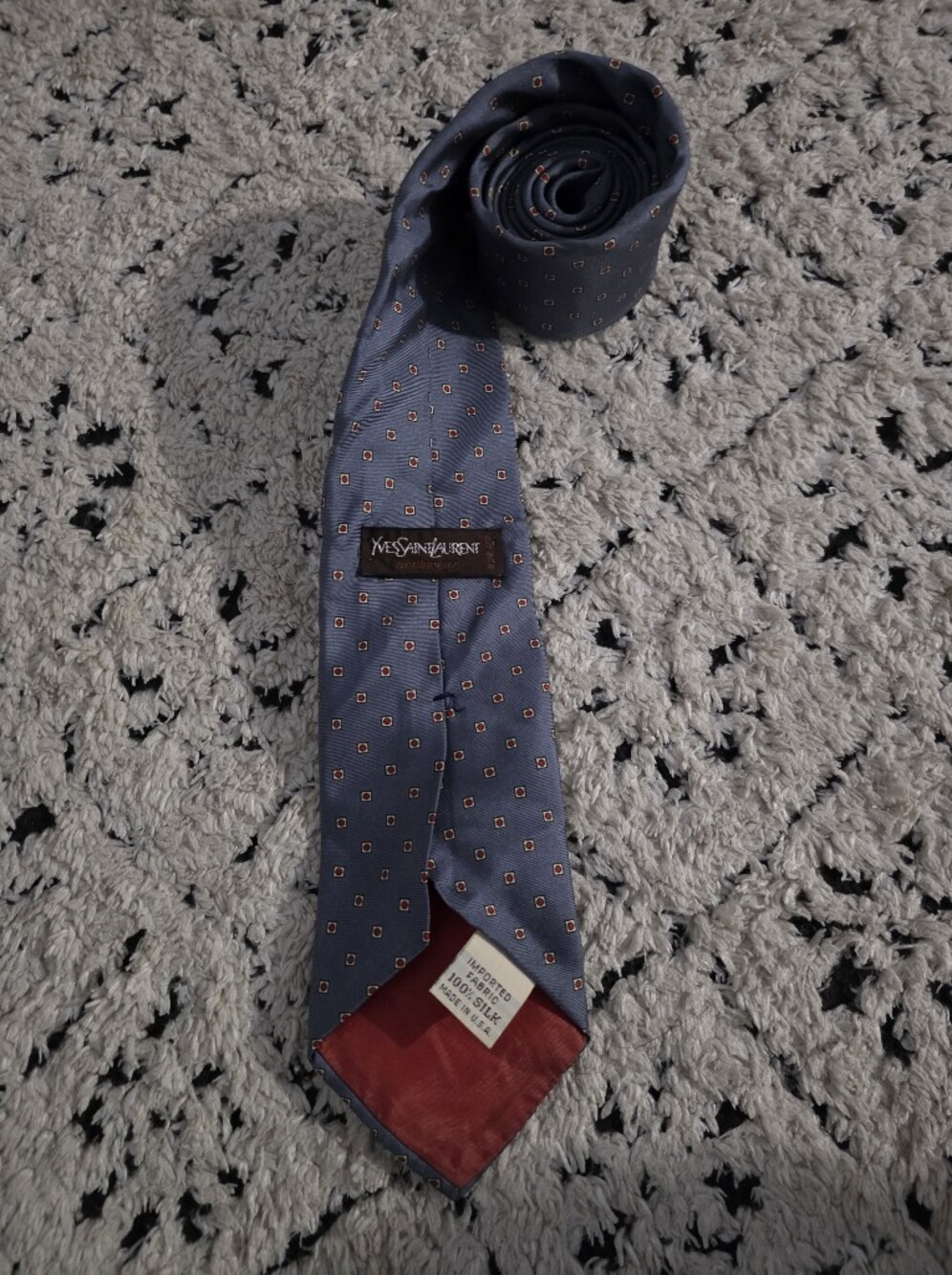Yves Saint Laurent Slate Blue Silk Tie with Red Dot Motif